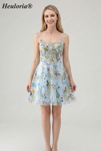 HEULORIA Enchanted Garden Sky Blue Floral Embroidered Short Homecoming Dress - Lace-up Back A-Line Mini Party Gown ED-590