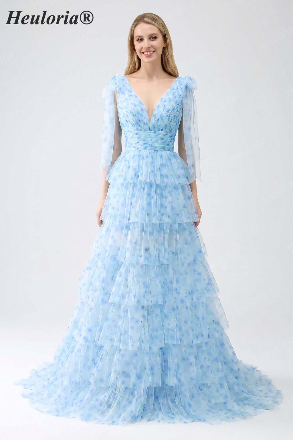 HEULORIA Ethereal Light Blue Floral Print Tiered Tulle Evening Gown with Tie-Up Shoulders ED-580