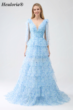 HEULORIA Ethereal Light Blue Floral Print Tiered Tulle Evening Gown with Tie-Up Shoulders ED-580