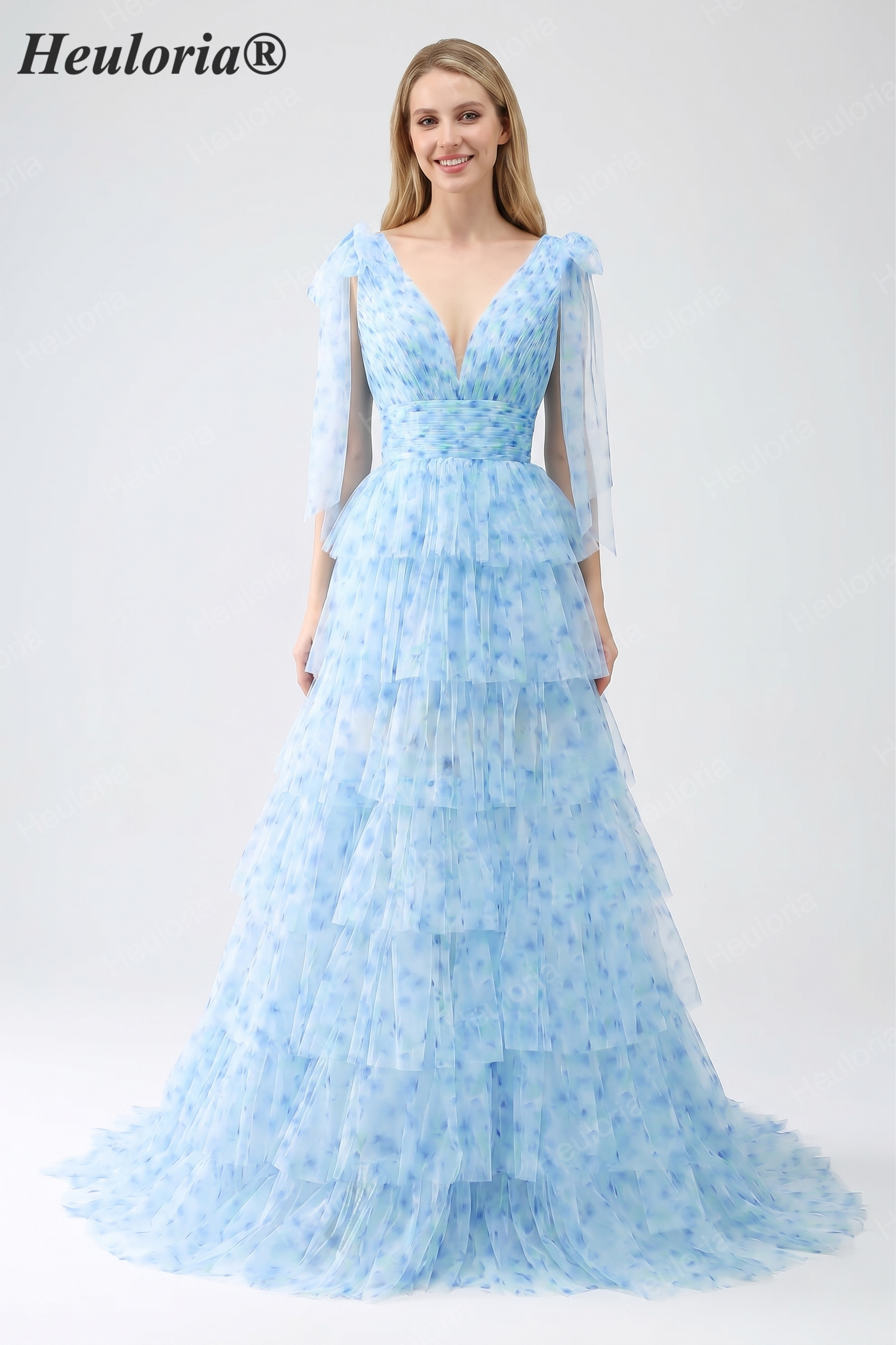 HEULORIA Ethereal Light Blue Floral Print Tiered Tulle Evening Gown with Tie-Up Shoulders ED-580
