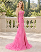 HEULORIA Lavender Strapless Lace Mermaid Prom Dress with High Slit ED-237