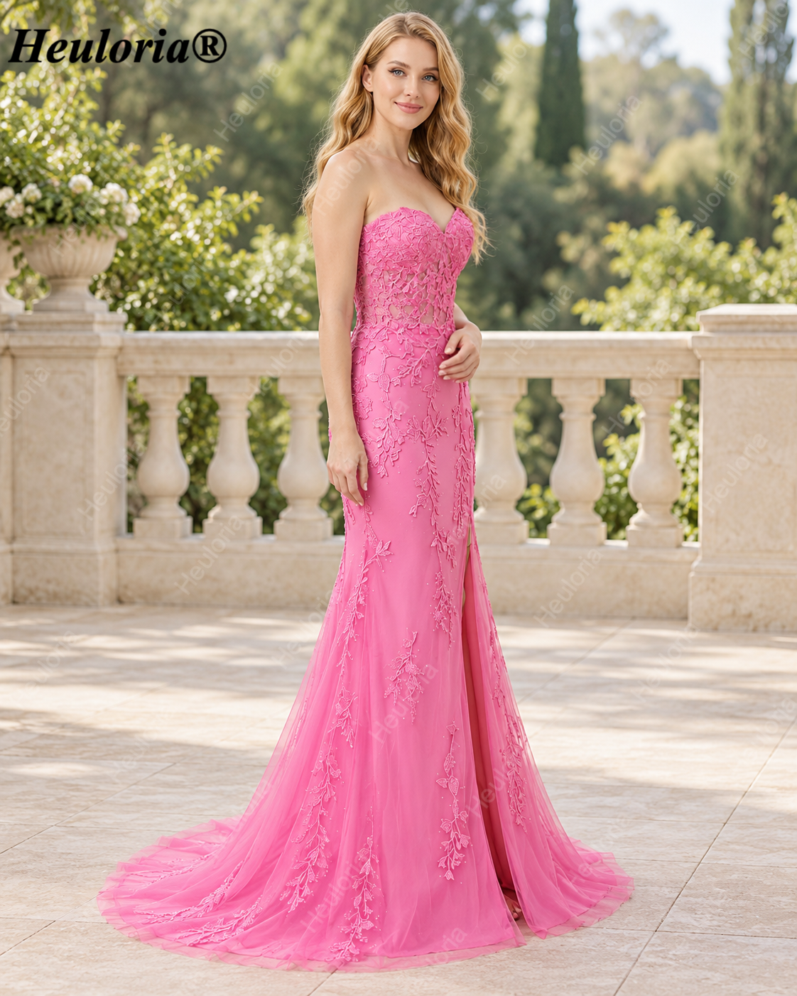 HEULORIA Lavender Strapless Lace Mermaid Prom Dress with High Slit ED-237