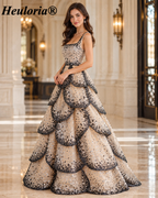 Champagne Black & Silver Sequin Square Neck Tiered Evening Dress ED-589