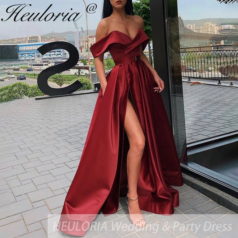 Off The Shoulder Satin Evening Dresses High Split Sexy With Pockets Lace Up Back Vintage Long Prom Dresses Wedding Party Gowns