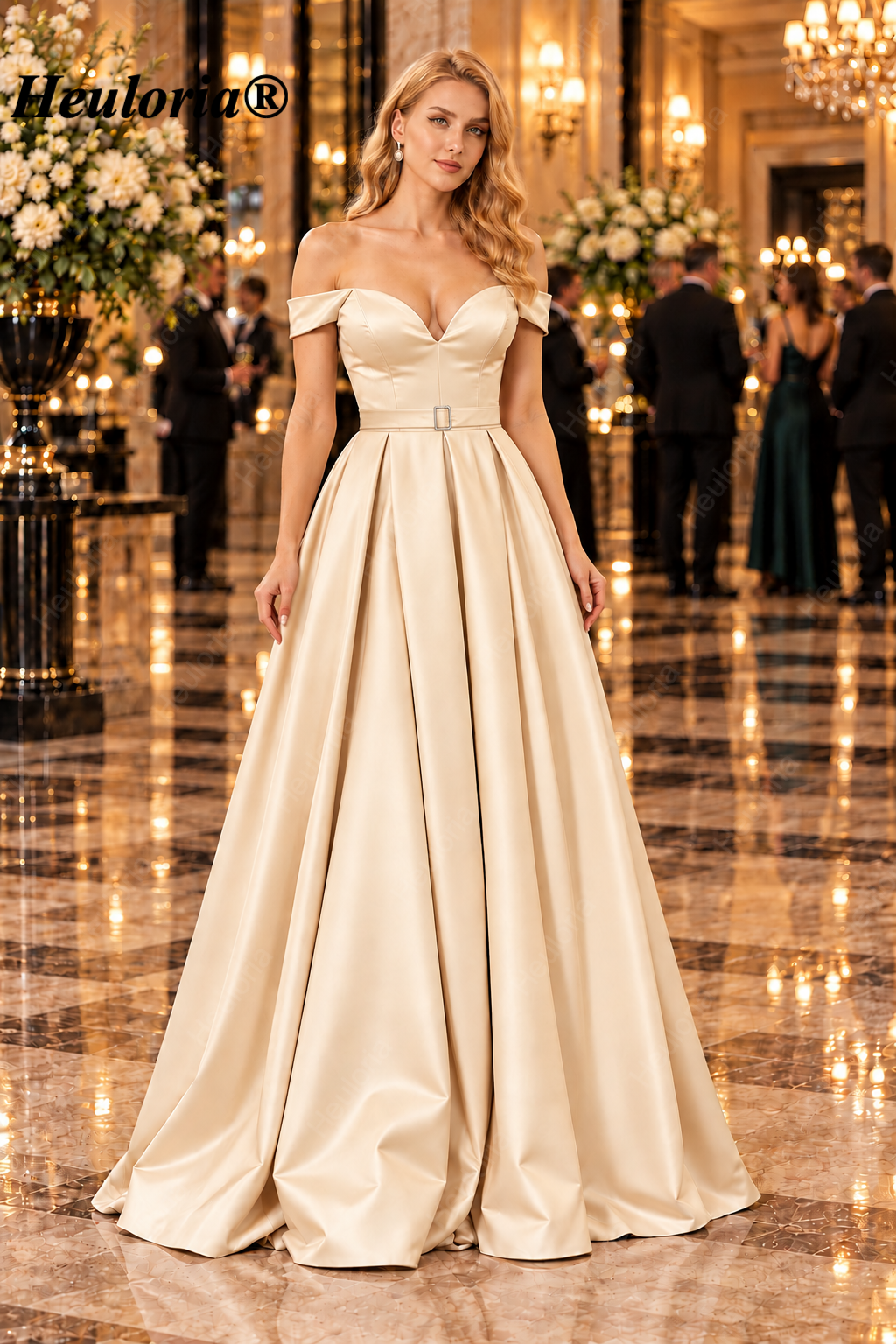 HEULORIA Champagne Off-Shoulder Pleated Satin Ball Gown Prom Dress with High Slit – ED-26