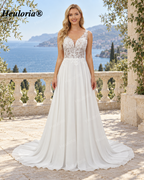 Deep V Lace Chiffon Sleeveless A-Line Wedding Dress with V Back AL-1033