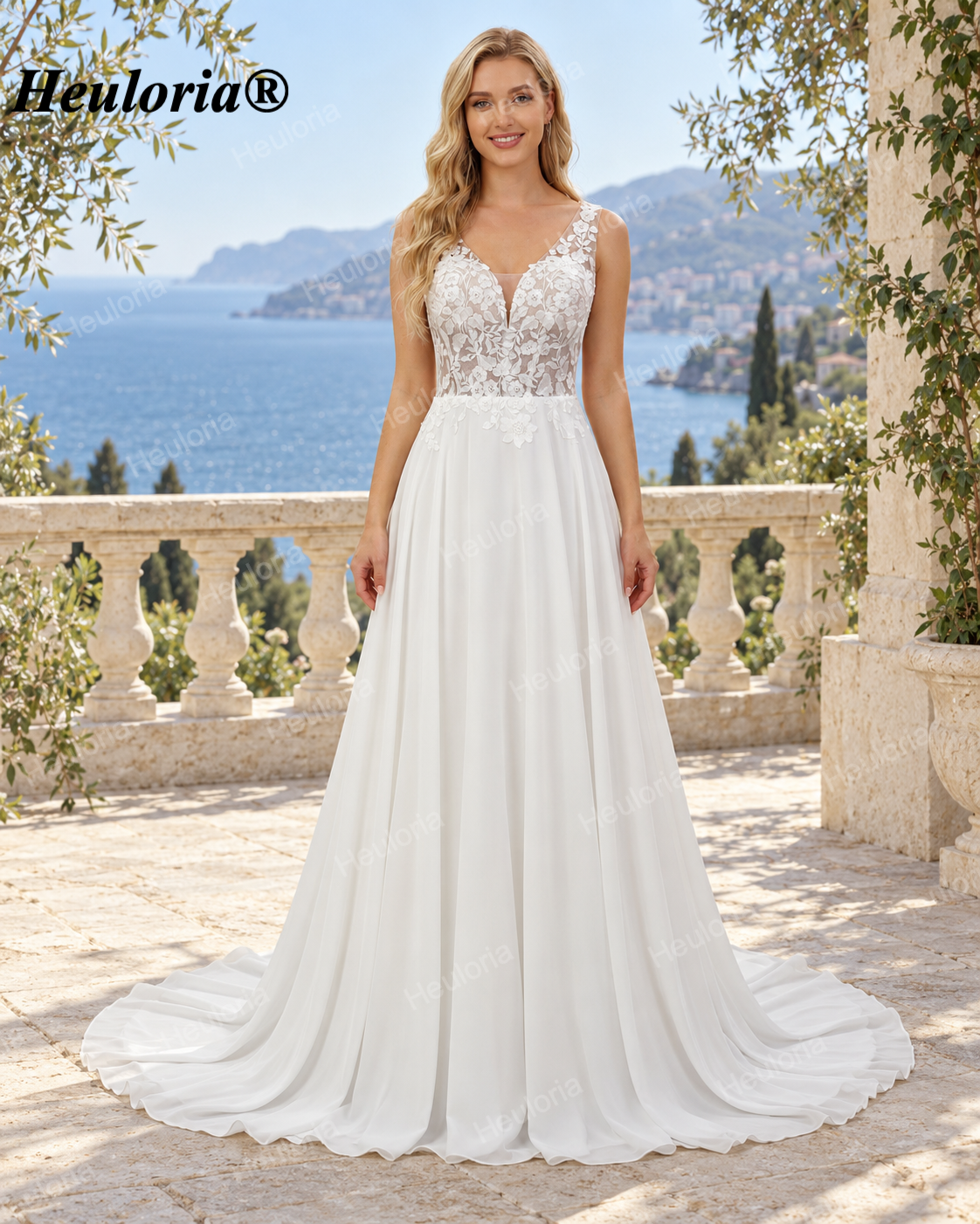 Deep V Lace Chiffon Sleeveless A-Line Wedding Dress with V Back AL-1033