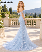 HEULORIA Sky Blue 3D Floral Mermaid Prom Dress with Detachable Off-Shoulder Straps ED-350