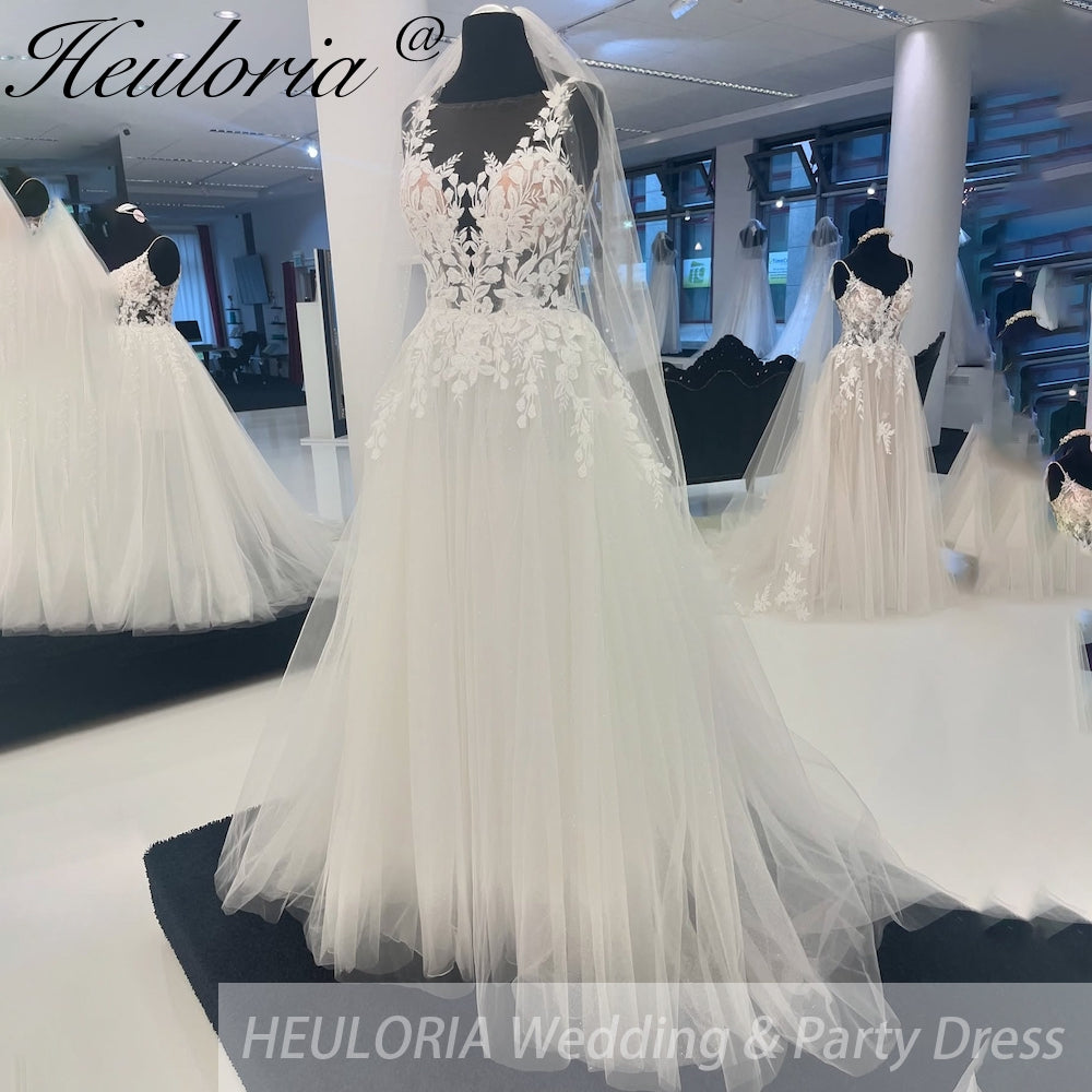 HEULORIA Sparkly Glitter A Line Lace Boho Wedding Dresses plug v neck Backless bridal dress AL-921 Main image