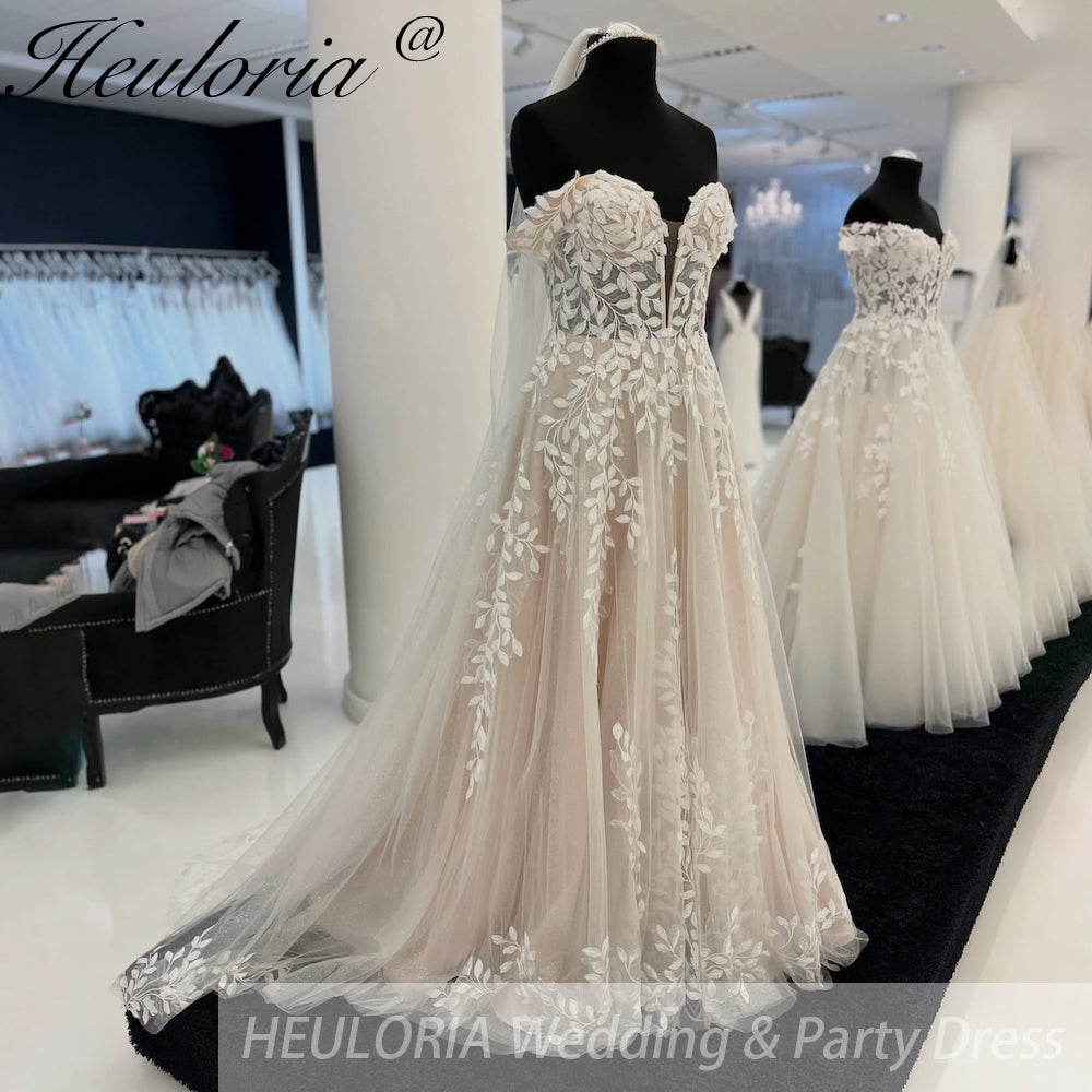 HEULORIA Sparkly Glitter A line Wedding Gowns Off Shoulder lace Bride Dresses for beach wedding Floral Lace Customized AL-927 Main image