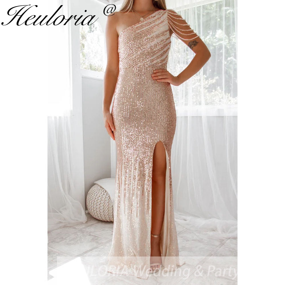 Sexy One shoulder evening dresses sparky sequin formal prom dresses vestidos de fiesta robe de soiree de mariage  party dresses women evening
