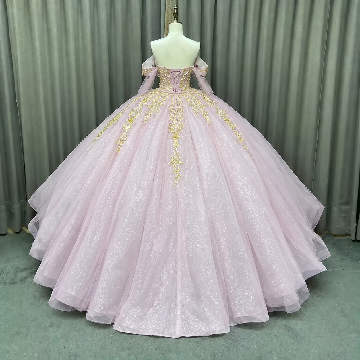 Pink and Gold Beaded Off-Shoulder Quinceañera Ball Gown BA-49 Secondary image