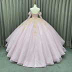 Pink and Gold Beaded Off-Shoulder Quinceañera Ball Gown BA-49