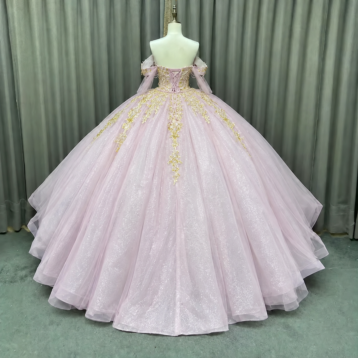 Pink and Gold Beaded Off-Shoulder Quinceañera Ball Gown BA-49