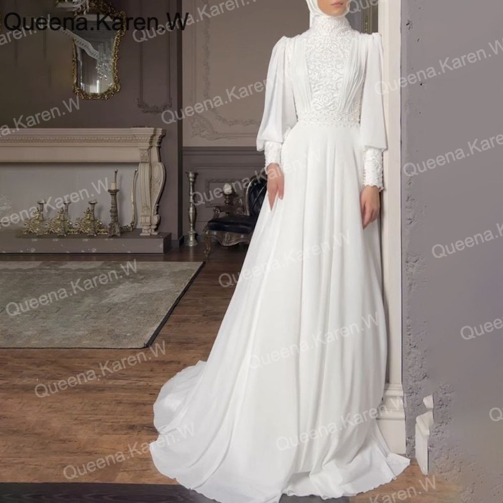 elegant heavy beading Muslim Wedding Dress long sleeve high neck bride dress plus size bride Wedding Gown BA-QK101