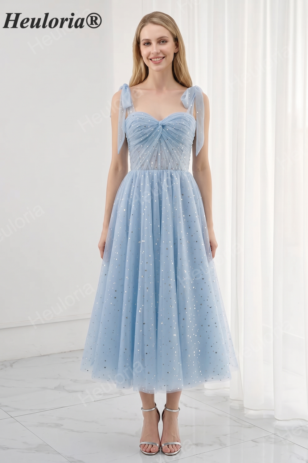 HEULORIA Celestial Starry Dusty Blue Tea Length Tulle Prom Dress with Sweetheart Neckline and Lace-Up Back ED-443