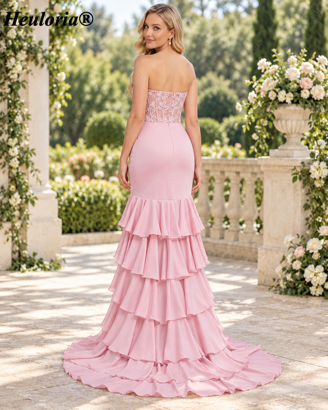 Blush Pink Strapless Lace Corset Tiered Mermaid Prom Dress with Slit ED-251