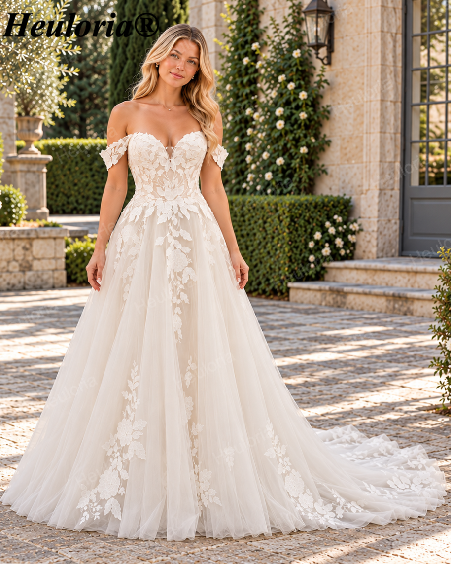 Off-Shoulder Glitter Lace Short Sleeve A-Line Wedding Dress AL-917 Imagen principal del producto