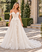 Off-Shoulder Glitter Lace Short Sleeve A-Line Wedding Dress AL-917