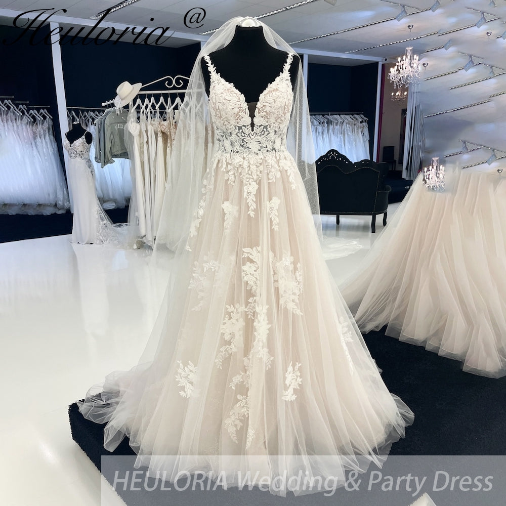 HEULORIA Spaghetti Straps Boho Wedding Dress Customized Lace Applqiues V Neck Bridal Gowns Tulle A Line abito da sposa AL-926