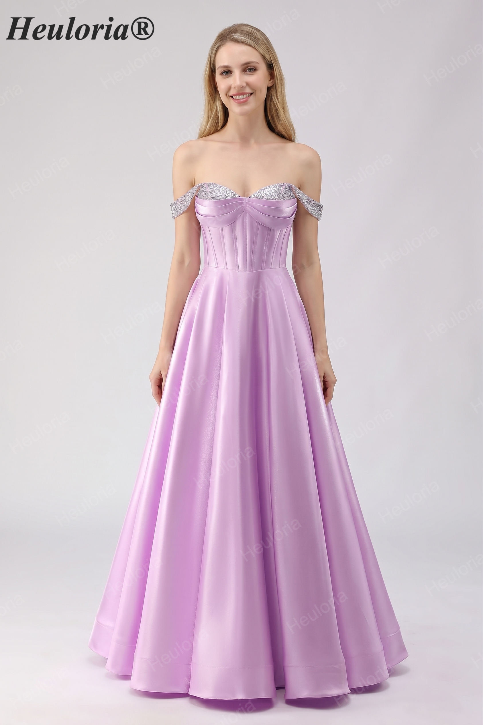 HEULORIA Elegant Lavender Off-The-Shoulder Satin Prom Dress with Sequin Trim and Corset Bodice A-Line Evening Gown ED-500 Imagen principal del producto