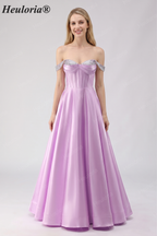 HEULORIA Elegant Lavender Off-The-Shoulder Satin Prom Dress with Sequin Trim and Corset Bodice A-Line Evening Gown ED-500