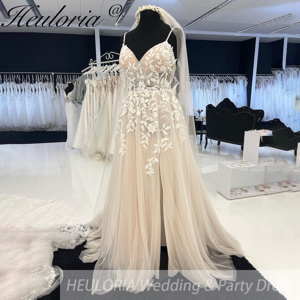 HEULORIA Lace Wedding Dresses A line Spaghetti Straps high split Bridal dress spark gliter tulle skirt AL-936 Main image