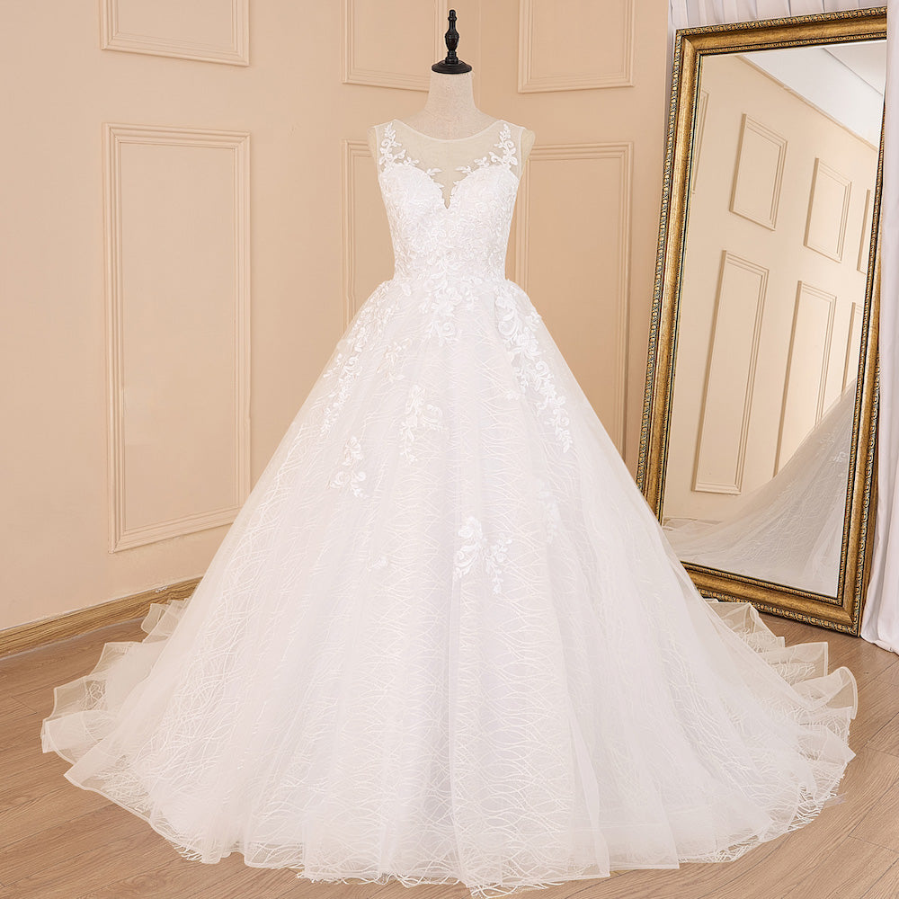 HEULORIA A-line V-Neck Court Train Lace Wedding Dress With Sequins BA-604