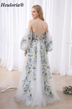 HEULORIA Romantic Off-The-Shoulder Floral Embroidered Puff Sleeve Tulle A-Line Gown ED-667