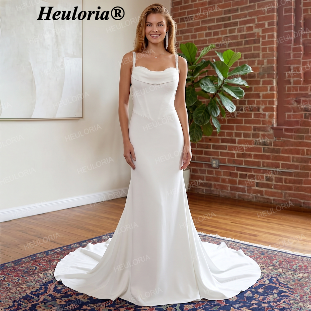 HEULORIA Minimalist Crepe Mermaid Wedding Dress with Cowl Neck & Illusion Pearl Back AL-QK216