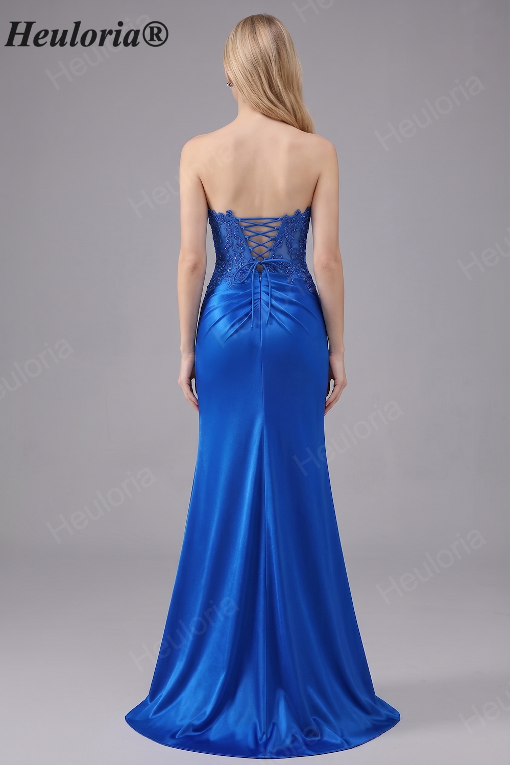 HEULORIA Royal Blue Strapless Mermaid Satin Prom Dress with Lace Appliqué & Thigh Slit ED-655 Imagen secundaria del producto