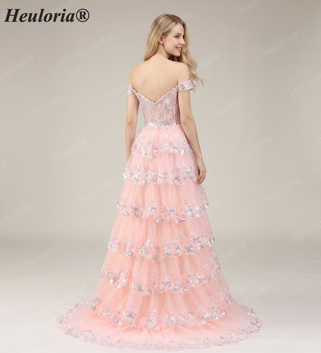 HEULORIA Off-the-Shoulder Tiered Tulle Prom Dress with Shimmering Sequins - Romantic Floor-Length Evening Gown ED-365