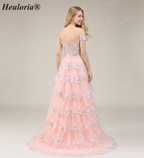 HEULORIA Off-the-Shoulder Tiered Tulle Prom Dress with Shimmering Sequins - Romantic Floor-Length Evening Gown ED-365