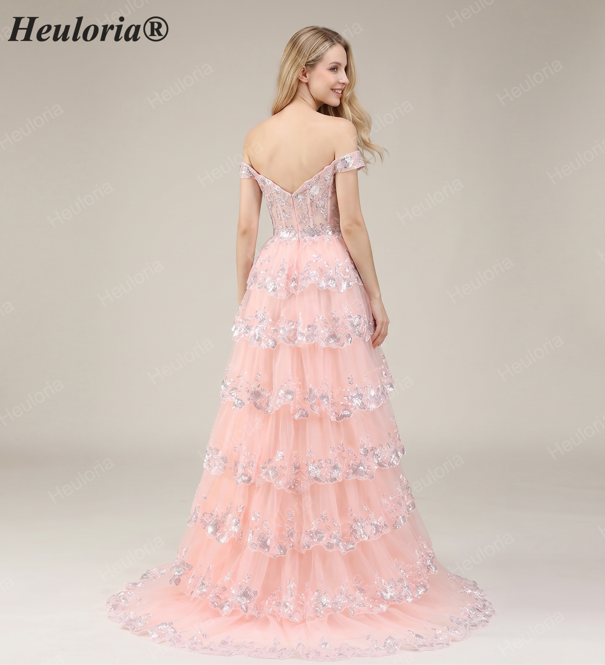 HEULORIA Off-the-Shoulder Tiered Tulle Prom Dress with Shimmering Sequins - Romantic Floor-Length Evening Gown ED-365
