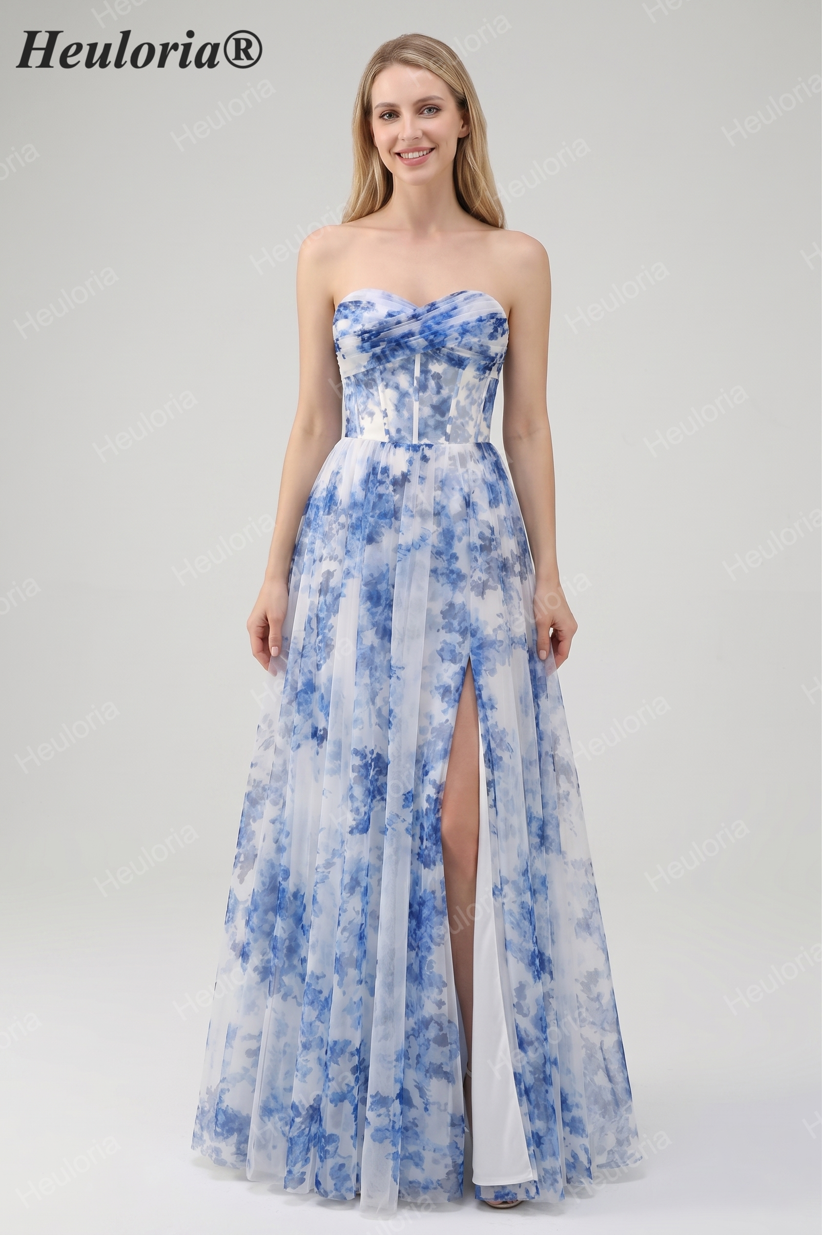 Heuloria Dreamy Blue Floral Strapless Tulle Prom Dress with High Slit and Corset Bodice ED-509
