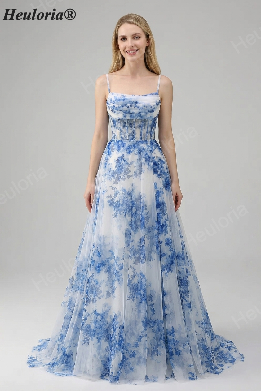 Heuloria Ethereal Blue Watercolor Floral Tulle A-Line Prom Dress with Corset Bodice & Spaghetti Straps ED-511 Imagen principal del producto