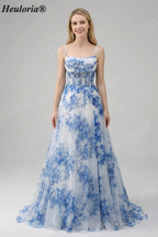 HEULORIA Blue Watercolor Floral Chiffon A-Line Prom Dress with Cowl Neck and Corset Bodice ED-511