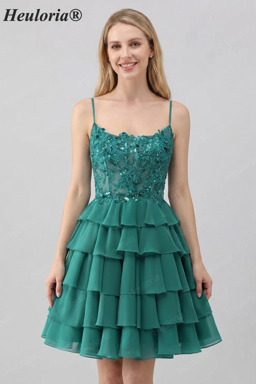 HEULORIA Dark Green Lace Tiered Homecoming Dress - Sequined Bodice with Spaghetti Straps ED-298