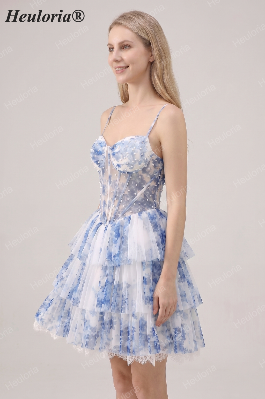 HEULORIA Whimsical Blue Floral Pearl Beaded Corset Mini Dress - Tiered Pleated Tulle Party Gown ED-613