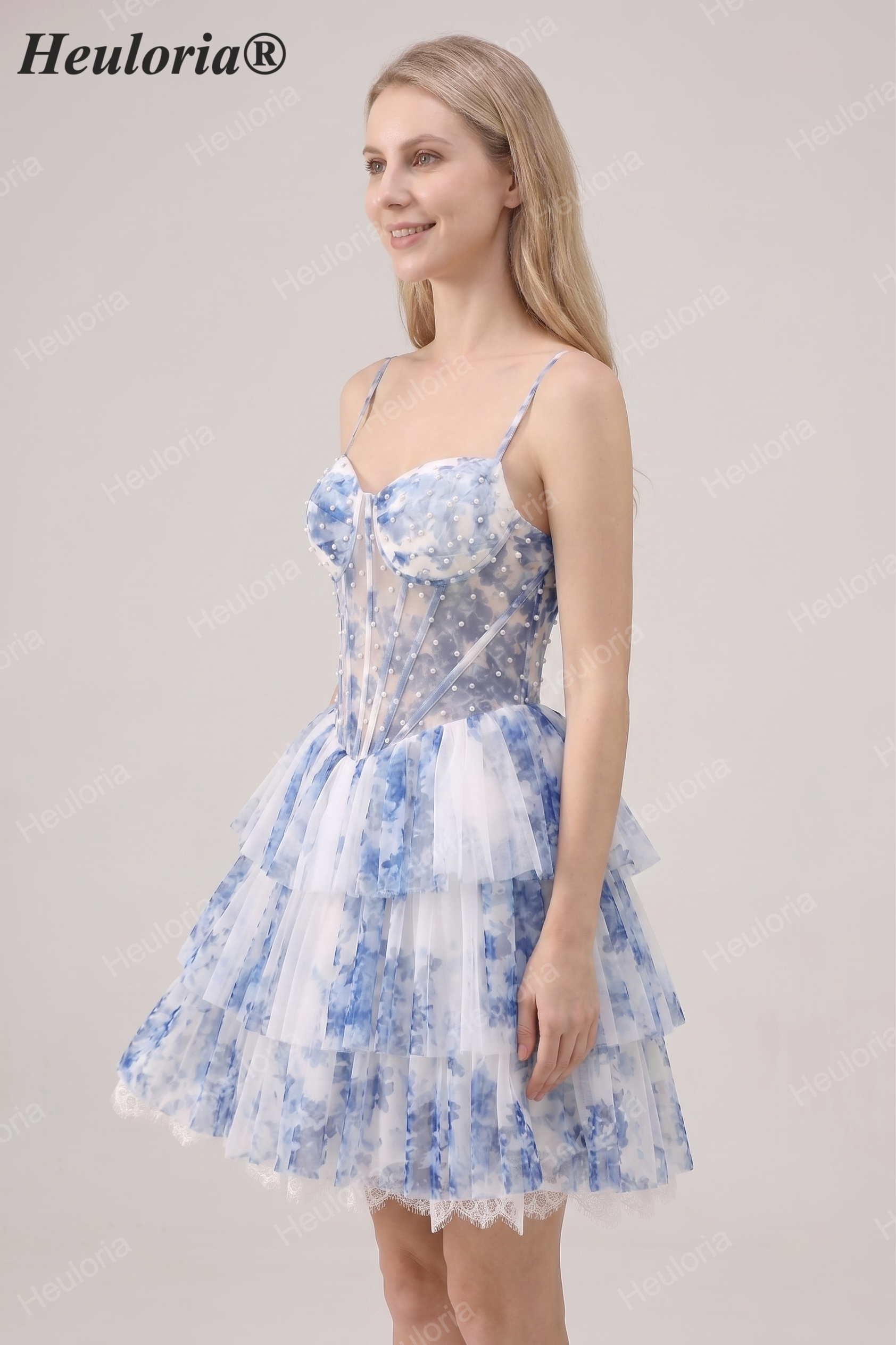 HEULORIA Whimsical Blue Floral Pearl Beaded Corset Mini Dress - Tiered Pleated Tulle Party Gown ED-613