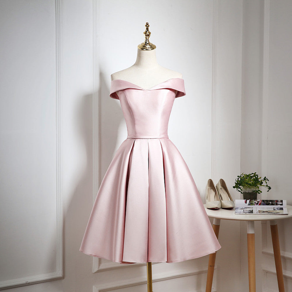 HEULORIA Off-Shoulder Satin A-Line Cocktail Dress with Pleated Skirt ED-15