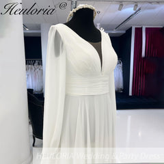 HEULORIA Plus Size Long Sleeve Chiffon Beach Wedding Dresses  Summer Women Boho Bridal Gowns robe de mariée grande taille AL-959