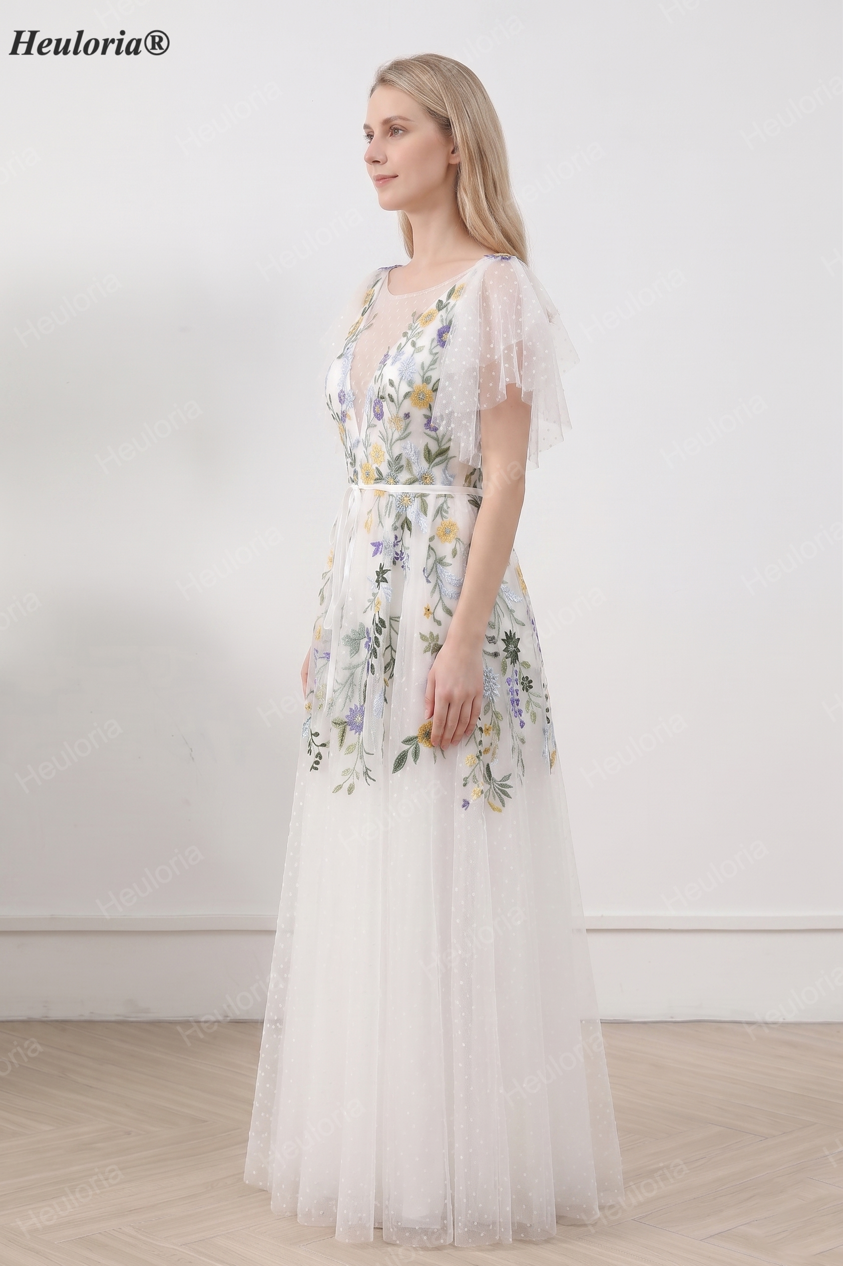 HEULORIA Whimsical Multi-Color Floral Embroidered A-Line Gown with Flutter Sleeves and Swiss Dot Tulle ED-681