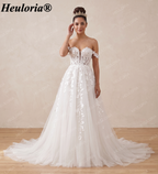 HEULORIA Off Shoulder 3D Floral Glitter A-Line Wedding Dress with Corset Bridal Gown AL-96