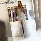 Customized Mermaid Prom Dress one shoulder lace Evening Dress Detachable Tulle Train Formal Party Gowns