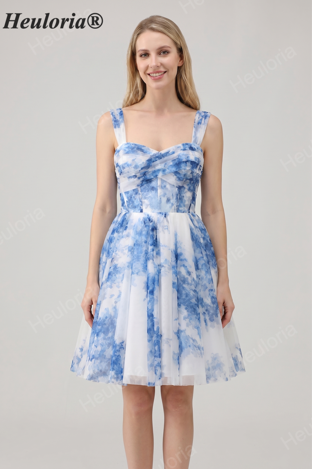 HEULORIA French Chic Blue and White Floral Tulle Mini Party Dress - Convertible Off-the-Shoulder A-Line Cocktail Gown ED-656