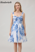 HEULORIA French Chic Blue and White Floral Tulle Mini Party Dress - Convertible Off-the-Shoulder A-Line Cocktail Gown ED-656