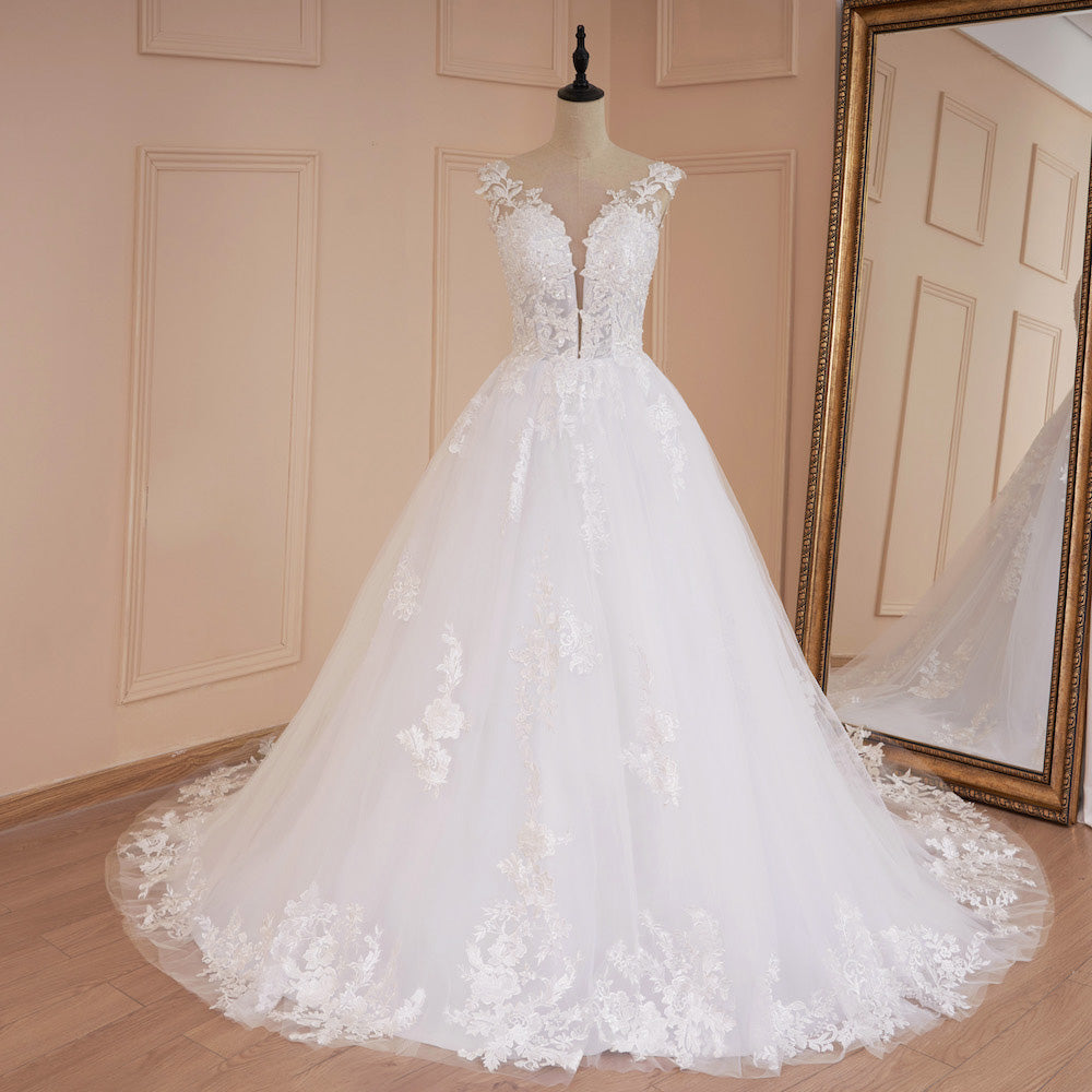 HEULORIA A-line V-Neck Sweep Train Lace Tulle Wedding Dress With Sequins Beading BA-529