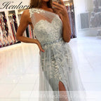 Customized Mermaid Prom Dress one shoulder lace Evening Dress Detachable Tulle Train Formal Party Gowns