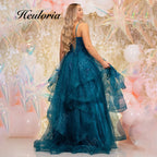 HEULORIA Sparkling Glitter Tiered Tulle Prom Dress - Plunging V-Neck & Lace-Up Corset Back ED-409
